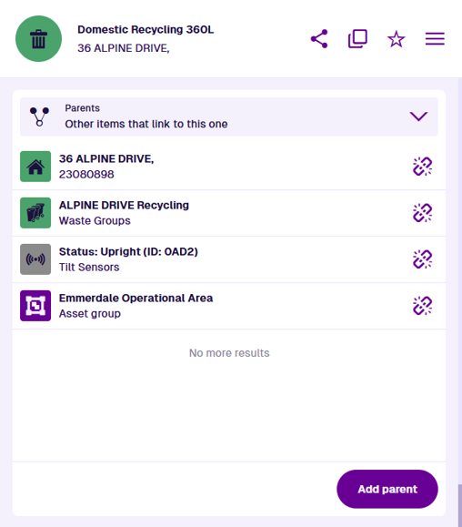 The Parents section of an example waste container item. It lists 4 parent items: an NSG address, a waste group, a tilt sensor and an operational area