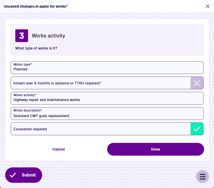 Stage 3 of the permit application process. It displays populated data fields relating to Works Activity.