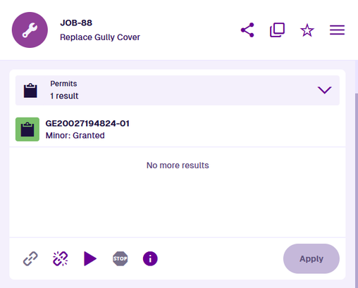 The Permits section of an example job. It shows a single Street Works permit with Minor: Granted status.
