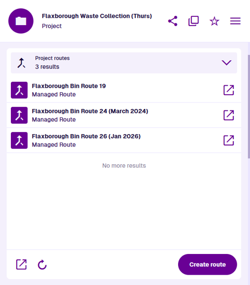 The Routes section of an example project