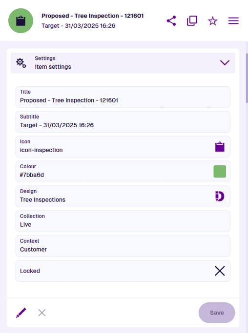 The Settings section of an example item