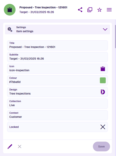 A Settings section displaying the data of an example item