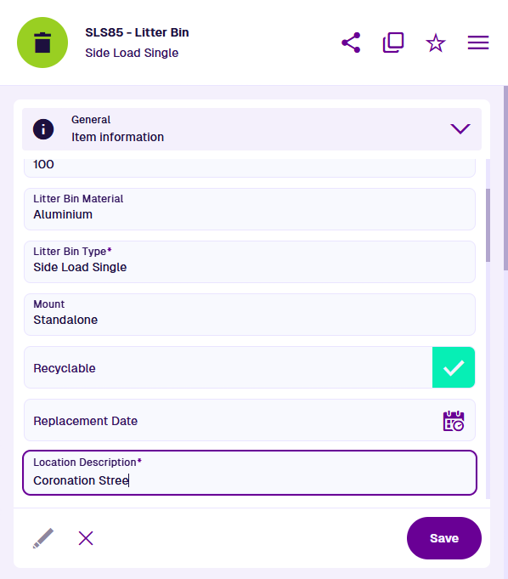 Editing the General section of a Litter Bin item