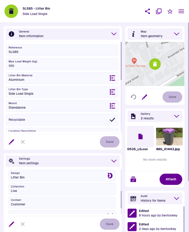 An example Litter Bin item showing its attributes, properties, location and attachments