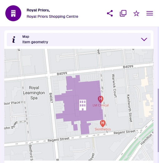 An commercial building item with detailed geometry shown in the Map section