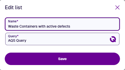 The Edit List window showing the Name field being edited