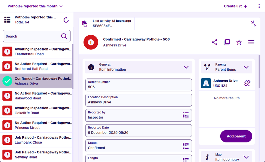 An example list showing qualifying items on the left and the selected item's details on the right.
