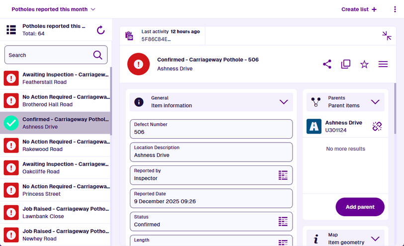 An item is selected in the list, with its details displayed on the right
