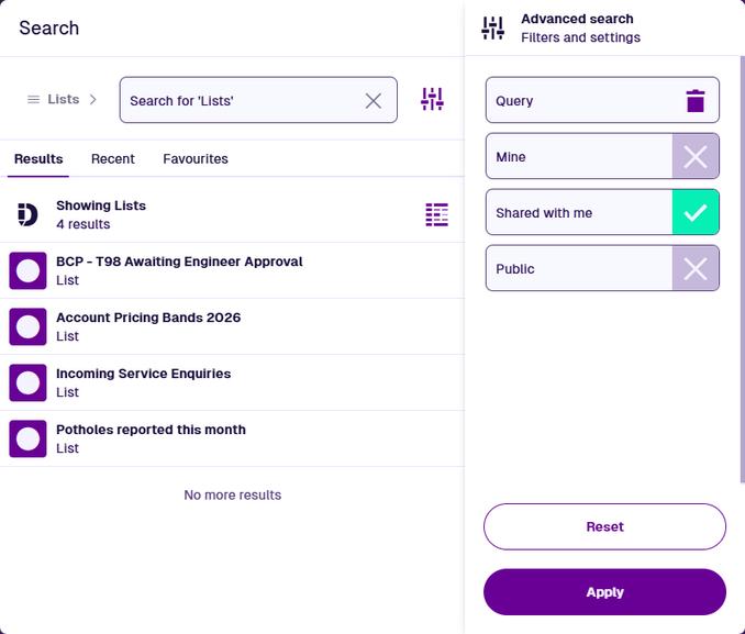 The Search window showing a filtered set of lists