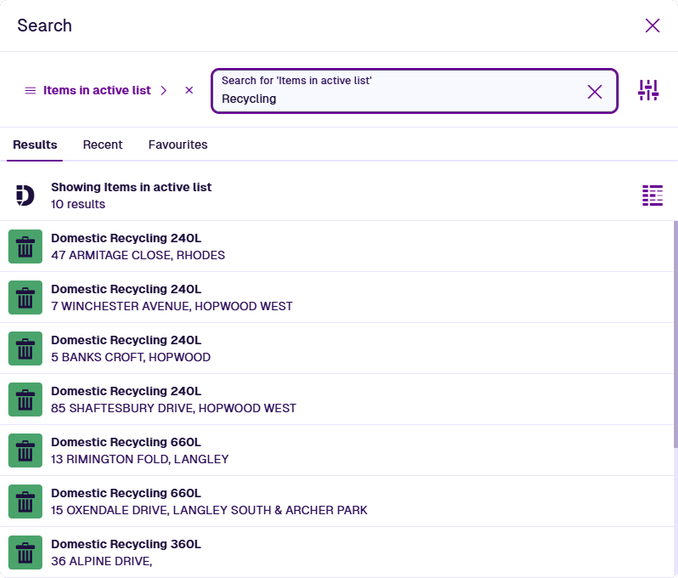 The Search window showing items of the active list