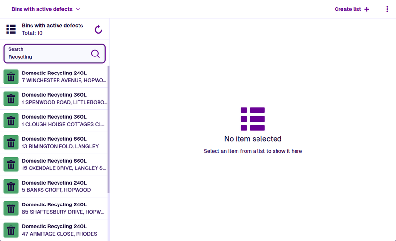 A list with the left pane filtered by the keyword Recycling