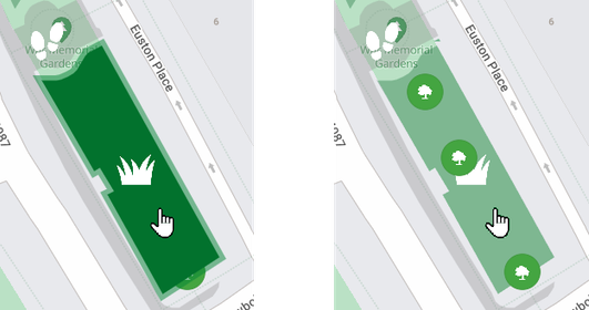 Two images of the same highlighted grass area item. In the first, it obscures the 3 tree items beneath it. In the second, the grass area is translucent