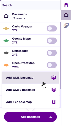 The options displayed after selecting the Add A Basemap button in the Basemaps panel