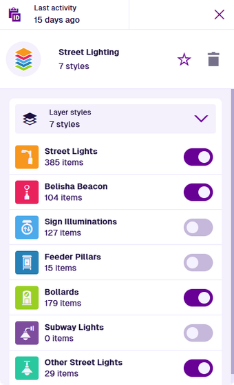 A layer styles of the Street Lighting layer, some of which are turned on