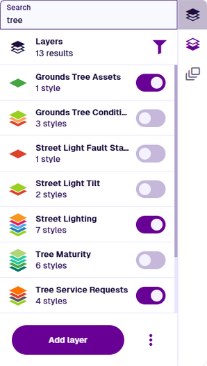 The Layers panel with Tree in the search box and filtered results