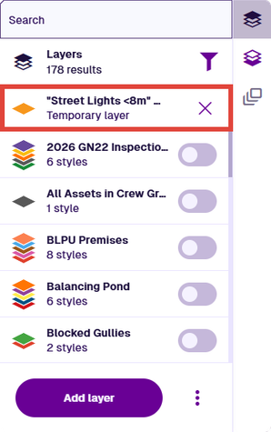 The Layers panel showing a temporary layer named Street Lights Under 8m