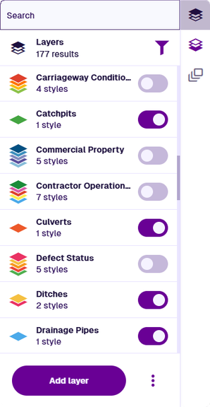 The Layers panel listing multiple layers, some of which are turned on