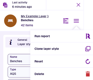 The header of the layer style with the actions menu open