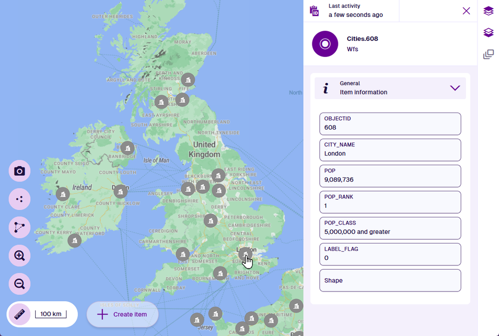 An example WFS layer style showing items loaded from a third-party WFS service