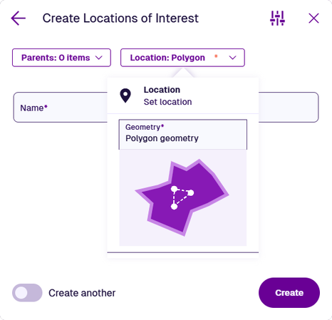 The Location dropdown in the Item Creator, showing a populated Geometry field