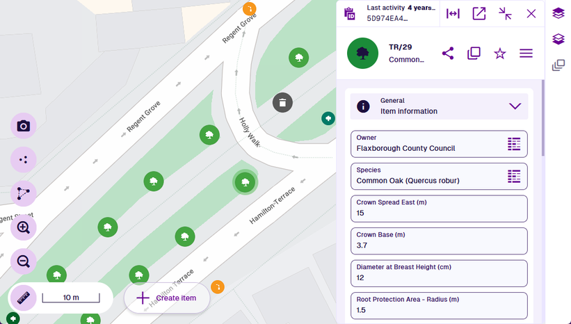 Items of the Trees design displayed on the map. One is selected, with its details shown in a side panel on the left