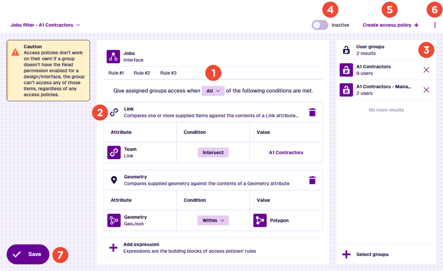 An overview of the Access Policy Builder with key areas numbered