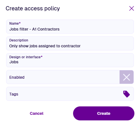 The Create access policy window