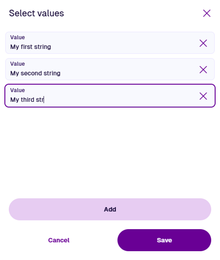 A multi-value input window containing three text values