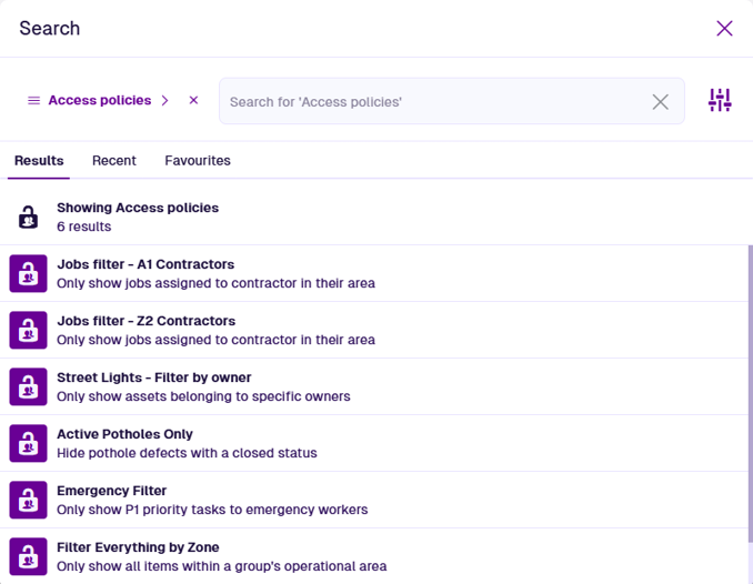 A list of access policies in the Search window