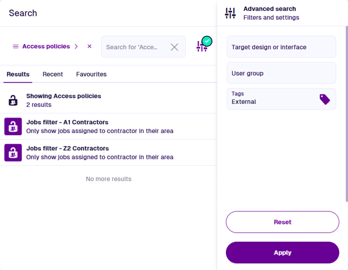 The Search window showing a filtered set of access policies