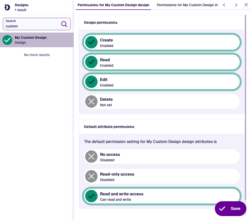 The two-tab permissions panel for a selected design
