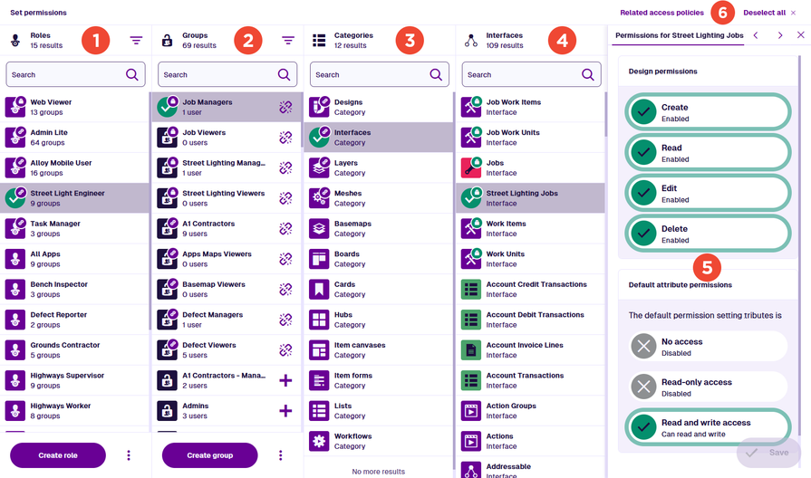 An overview of the Permissions Explorer with key areas numbered
