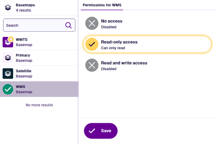 The three-pill permissions panel for a basemap