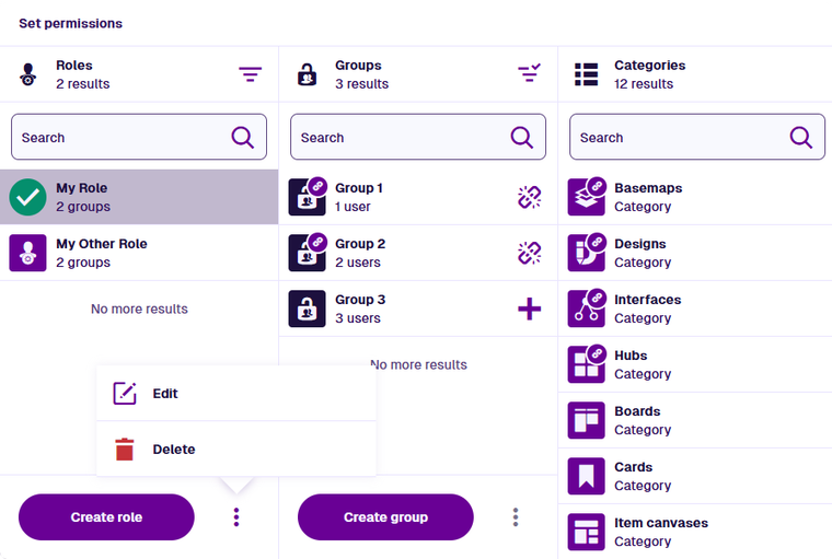 A selected role, with link and unlink buttons showing beside groups, and highlighted categories