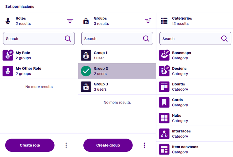 A selected group in the Groups column, with highlighted roles and categories