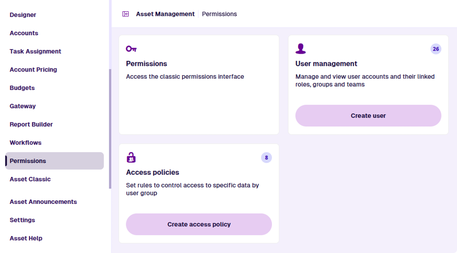 The start screen of the Permissions app showing the features that can be managed and created