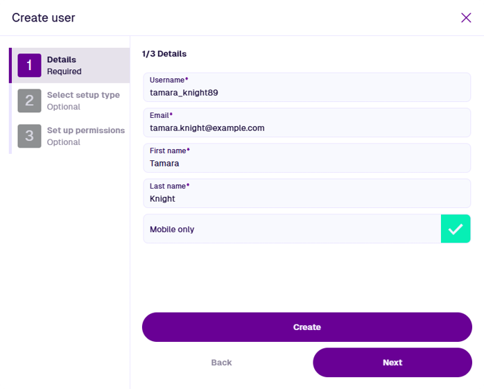 The first step of the Create User process