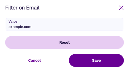 The Filter On window showing an example value