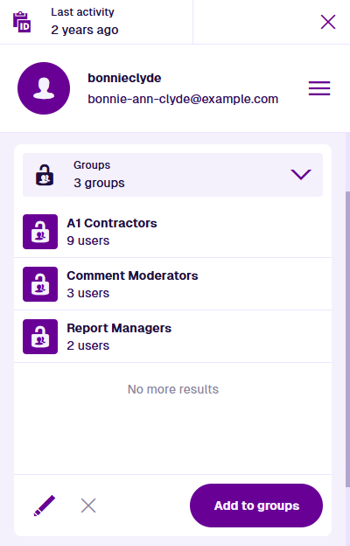 The Groups section of an example user