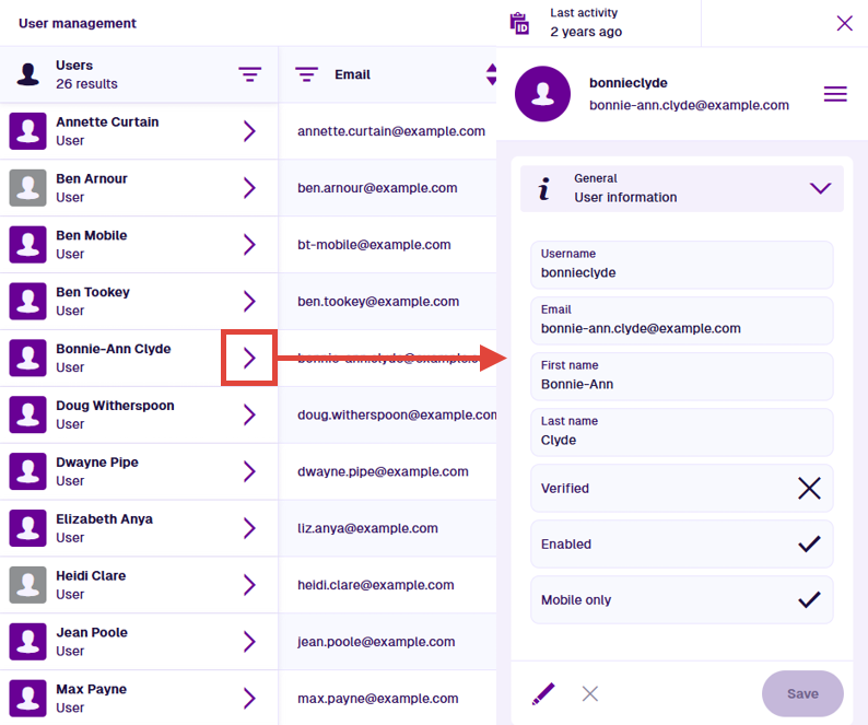 Selecting a user's arrow button to display its details in a side panel