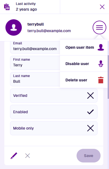 Opening the User Menu of an example user