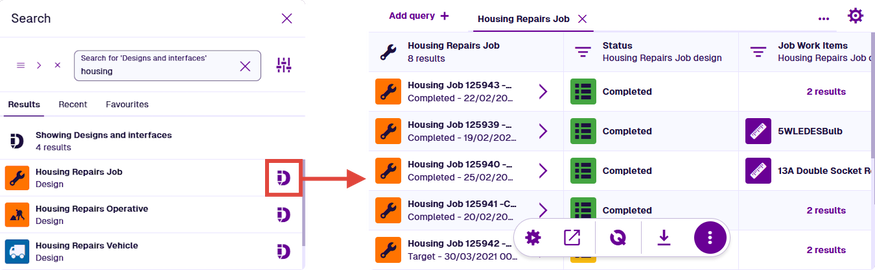 The items of the Housing Repair Jobs design displayed in the Data Explorer