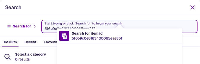 The Search window showing a single result for an entered Item ID