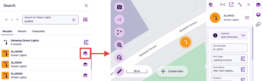 The resulting Street Lights items displayed in the Maps app