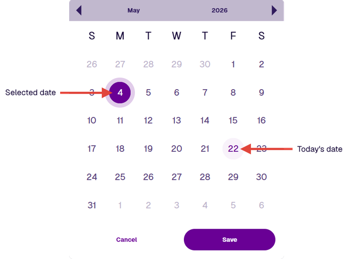 Date picker showing a monthly calendar grid