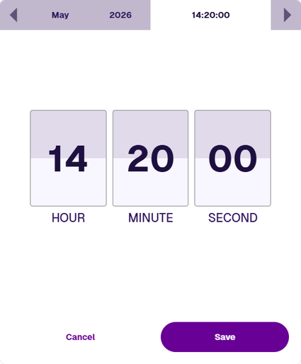 Date Time picker showing a calendar grid and time input boxes