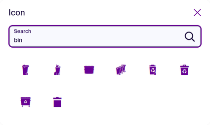 The results of searching the icon picker for bin