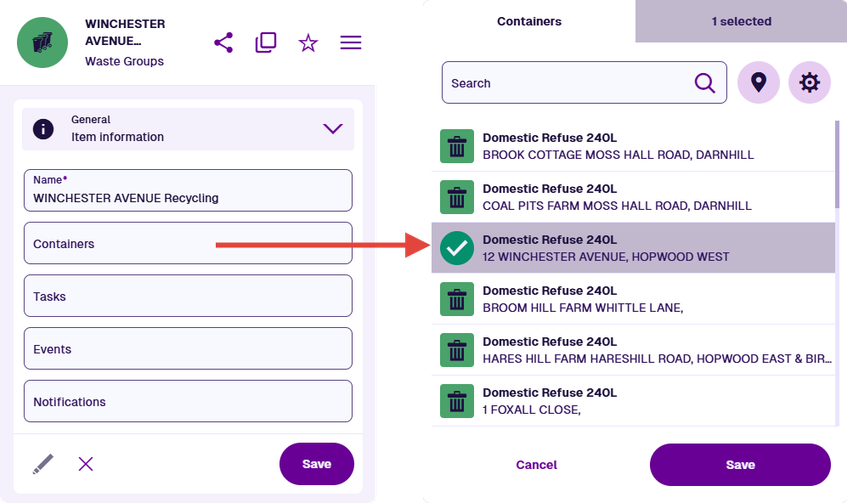Selecting the Tasks field of a project item to list available tasks in the item picker