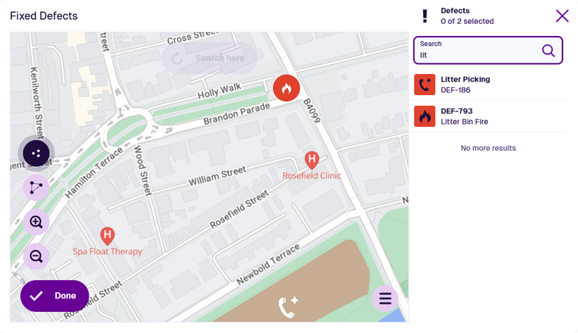 The map picker filtered to items matching the search term 'lit'