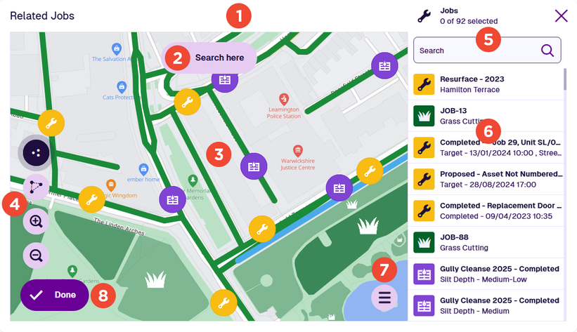 An overview of the map picker with key areas numbered